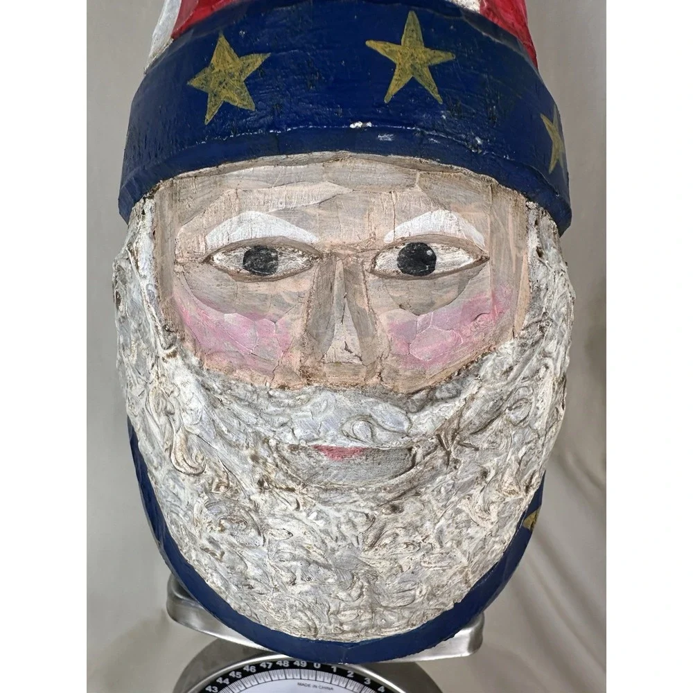 Hand Carved Patriotic Santa‎ Figure Red White Blue Americana Folk Art Decoration